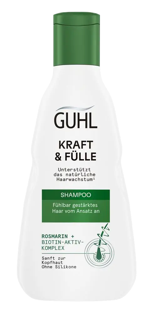 초록색 뚜껑과 흰 병의 Guhl Kraft & Fülle 로즈마리·비오틴 샴푸 공식 제품 사진